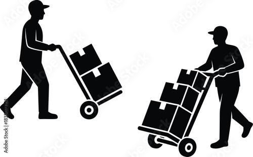 Two delivery men pushing hand trucks with boxes silhouette illustration