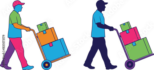 Two delivery men pushing hand trucks with boxes in a colorful vector illustration