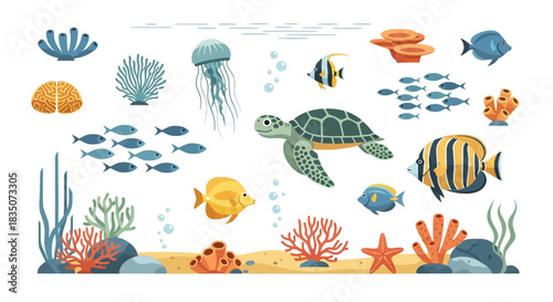 Underwater Scene with Diverse Marine Life and Coral Reefs.