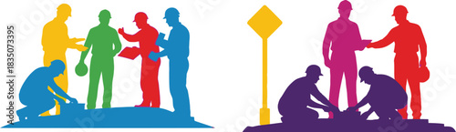 Colorful silhouettes of people working together on projects and helping each other