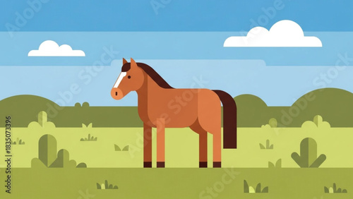 A stylized illustration of a brown horse standing in a grassy field under a bright blue sky with clouds.