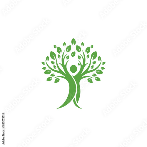 Abstract green tree with human figure integrated into the trunk representing