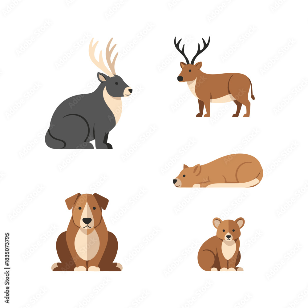 Naklejka premium Various animals including deer dog and rodent illustrations.