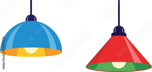 Two colorful pendant lights on white background modern interior design