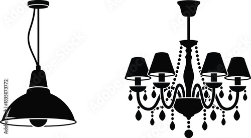 Elegant chandelier and pendant light fixture silhouettes on white background