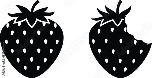 Strawberry silhouette duo whole and bitten fruit vector illustration