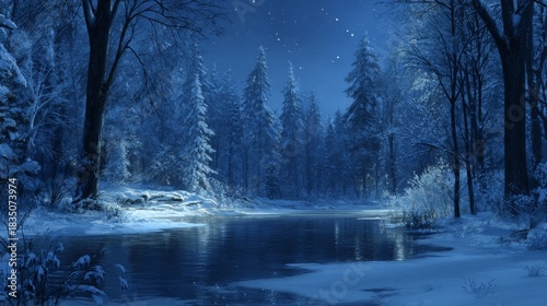 Peaceful snowy winter forest at night with tall spruce trees reflecting in the dark flowing river under a starry blue sky.