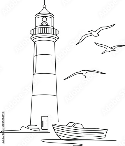 The tall, white lighthouse beacon stands safe on the island coast against the blue sky and vast ocean