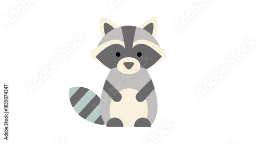 A cartoon raccoon sits upright, its striped tail curled to the side, on a white background.