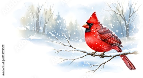 Red cardinal perched in a snowy winter forest, winter background, copy space