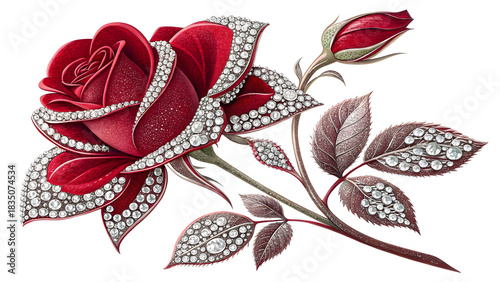 Stunning red rose jewel encrusted with shimmering stones and a developing flower bud