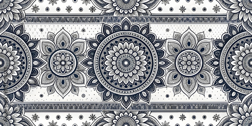 Seamless grayscale mandala pattern with ornate floral motifs and ethnic bohemian style isolated on transparent background