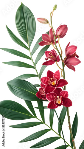 Vibrant red orchid flowers blooming among lush green tropical leaves creating an elegant botanical display isolated on transparent background
