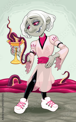 Horror cartoon version of the Page of Cups. Vector illustration.
