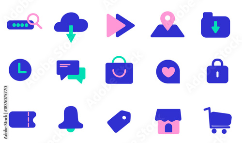 Colorful flat ecommerce icon set with shopping bag, cart, tag, store and communication elements conveying friendly modern interface