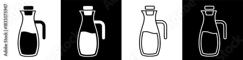 Four variations of oil or liquid dispenser with handle and lid, presented on black and white backgrounds