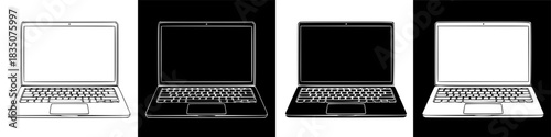 Four variations of laptop computer in contrasting black and white representations for design or technical illustration needs