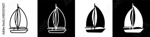 Four variations of a sailboat icon with black and white backgrounds, suitable for various design applications