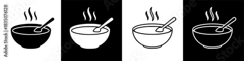 Four variations of vector graphic illustrations showcasing hot soup bowls with spoons, designed in a clean, high-contrast monochrome style for web and print use