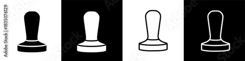 Four variations of a coffee tamper icon set, a barista utensil for espresso making, shown in solid fill and outline styles on black and white