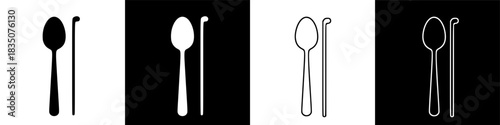 Four variations of spoon and chopstick icons presented in black and white designs