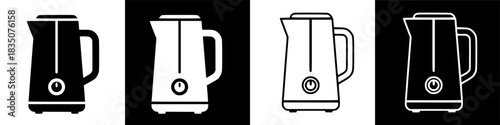 Four variations of sleek electric kettle icons, presented in a crisp black and white template, perfect for kitchen appliance representation and versatile graphic elements