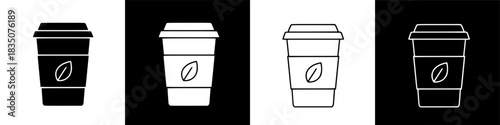 Four variations of a takeaway coffee cup icon set, illustrating different design styles like glyph and outline for scalable vector graphic applications