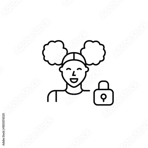 Young woman and lock. Secure user data, protected connection. Pixel perfect, editable stroke vector icon
