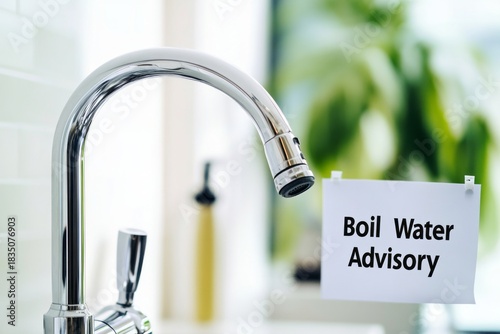 Modern kitchen faucet with a clear boil water advisory sign displayed prominently, emphasizing the importance of water safety in domestic environments