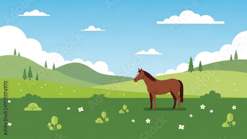 A brown horse stands peacefully in a vibrant green meadow under a bright blue sky.