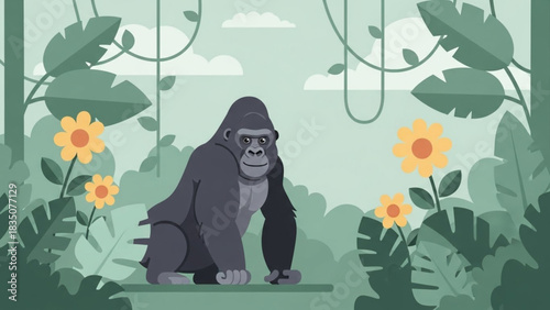 Cartoon gorilla sits in a lush jungle setting with vines, leaves, and yellow flowers.