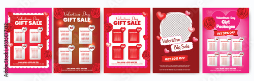 Valentine’s Day gift sale discount A4 print flyer poster templates pack with vector heart illustration background, romantic brochure cover, love celebration leaflet for Valentine’s Day celebration