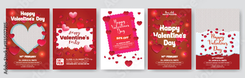 Creative Valentine’s Day sale discount A4 print flyer poster templates pack design with vector heart illustration background and stylish Valentine’s Day celebration party flyer poster bundle