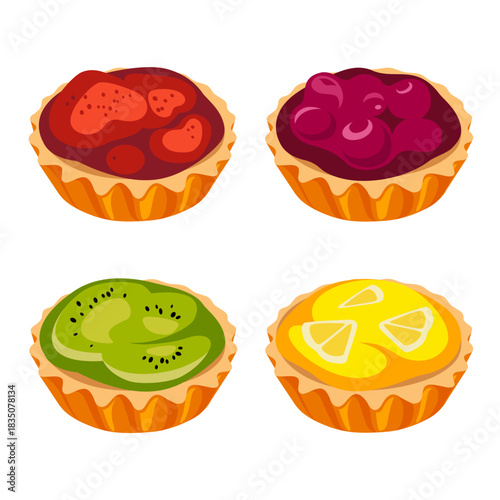 Traditional dessert - cakes fruit and berries jam isolated on a white background. Cartoon style. Sweets - cupcakes with decor. Illustration for children.