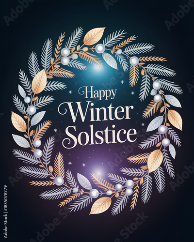 Happy winter solstice wreath with twinkling lights