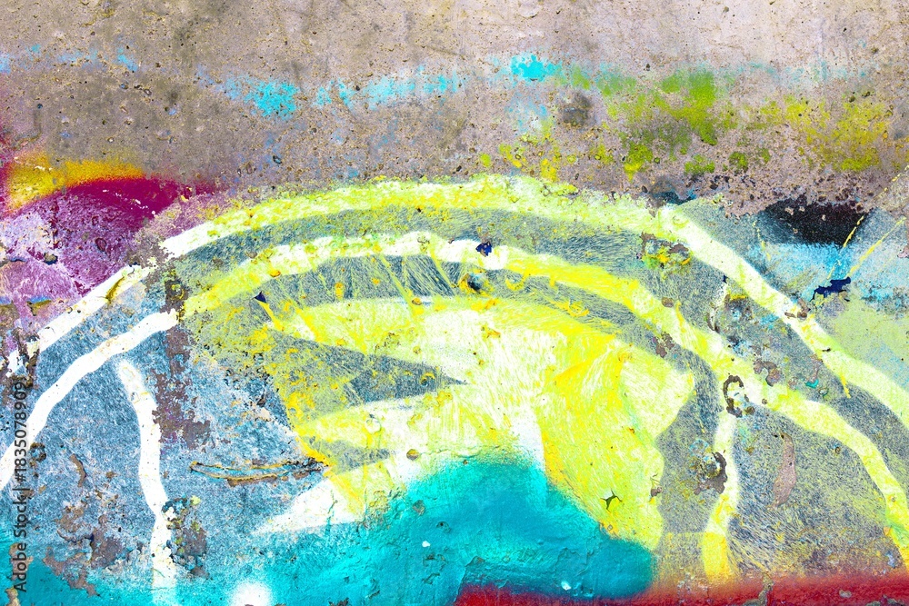 Naklejka premium Colorful abstract street art in neon yellow, teal, purple. Funky, urban vibe with bold textures, distressed surfaces. Perfect for digital art, creative banner, modern 90s, 2000s urban visuals.