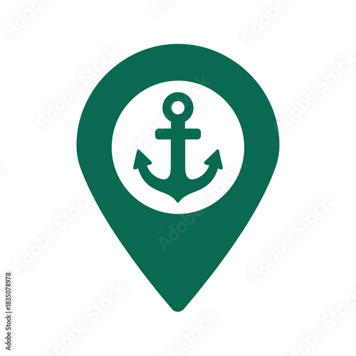 A green anchor symbol inside a location map pin flat illustration