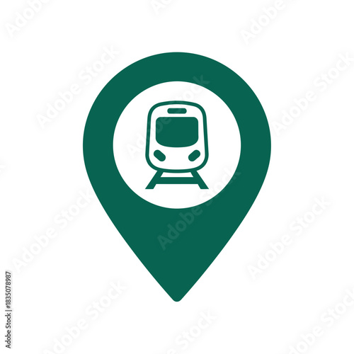 A green map pointer icon contains a public transportation train symbol flat illustration