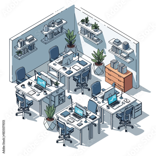 Isometric view of a modern open-plan office with multiple workstations, computers, ergonomic chairs, shelves, and potted plants, illustrating a contemporary workspace design.