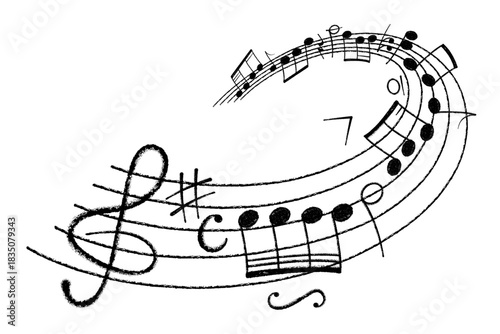 Crayon pastel or chalk music note signs doodle hand drawn symbol shapes set. Chalkboard textured musical symbols treble, bass clefs, pauses doodle collection.