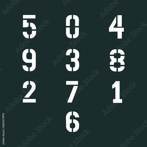 A collection of white stencil numbers from zero to nine arranged on a dark gray background image view