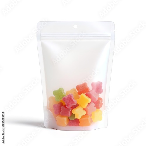 Clear stand up pouch with star shaped gummy candies colorful sweets treat packaging food product display 100g