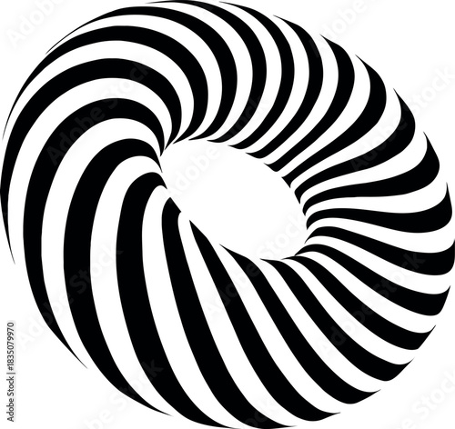 A black and white striped torus shape with a hole in the center on a white background space for text