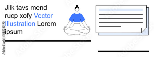 Meditation, wellness, productivity, self-care, mental clarity, focus improvement. A person sits in a lotus position next to a document graphic. Meditation and wellness concept