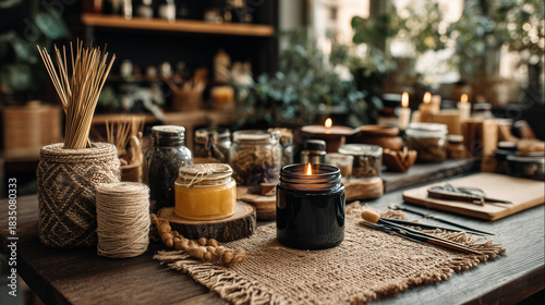 cozy candle making workspace with warm sunlight, artisan handcrafted candles on rustic wooden table, natural candle studio with jars and tools
