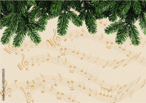vintage christmas background with xmas tree isolated on vintage mosic notes background
