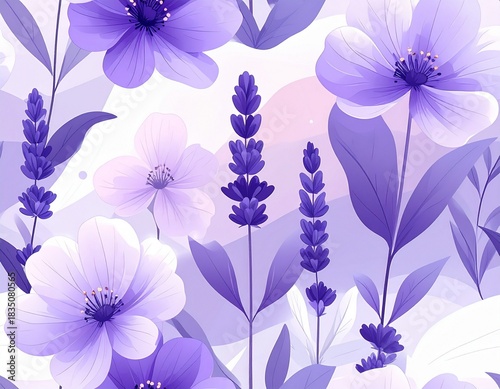 Elegant Seamless Floral Pattern Featuring Soft Purple Lavender Stems and Delicate Petals in a Botanical Garden Artistic Style Illustration