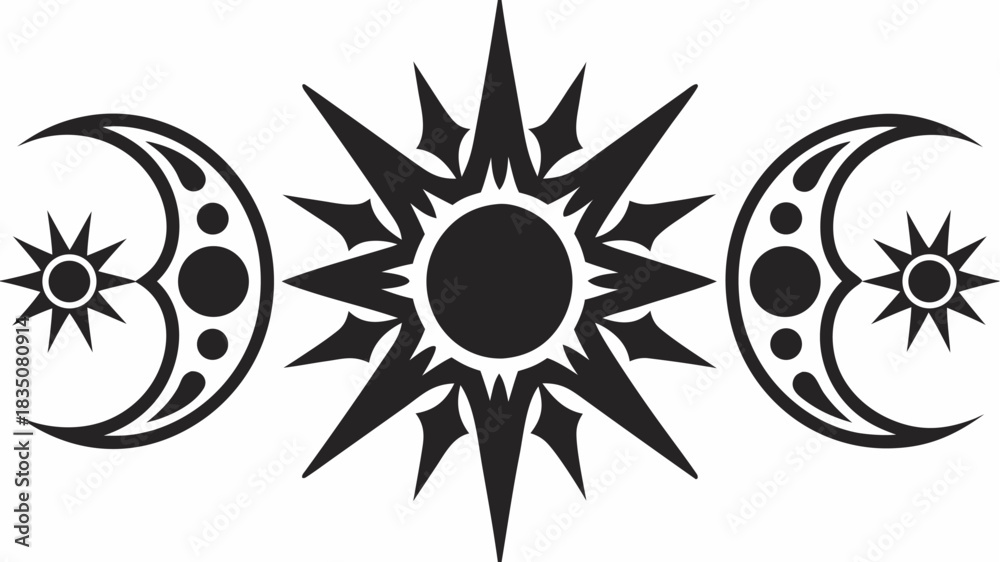 Fototapeta premium Black and white illustration of a sun symbol between two crescent moon phases with stars around it