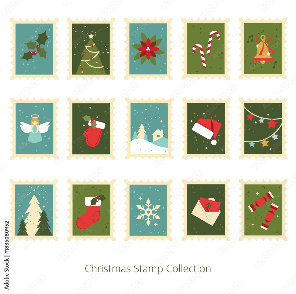 Fototapeta premium Christmas and Advent calendar stamp and icon sticker set with holiday elements: candy, gifts, Christmas tree, fir tree, angel, golden bell, snowflake, snowman, baubles, candles, and winter scenes