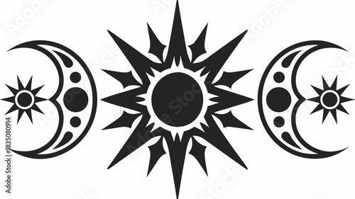 Black and white illustration of a sun symbol between two crescent moon phases with stars around it